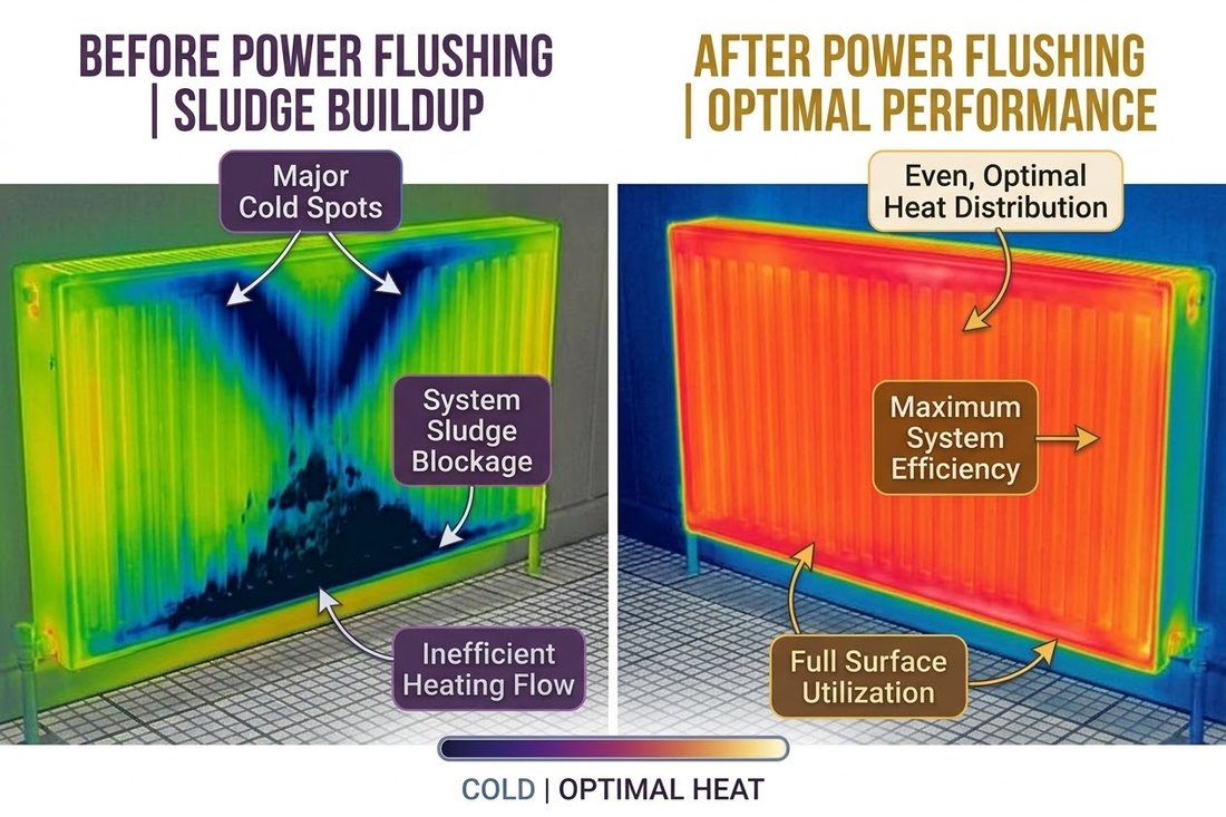 Thermal image comparison showing a radiator with cold spots before power flushing, and even heat distribution after